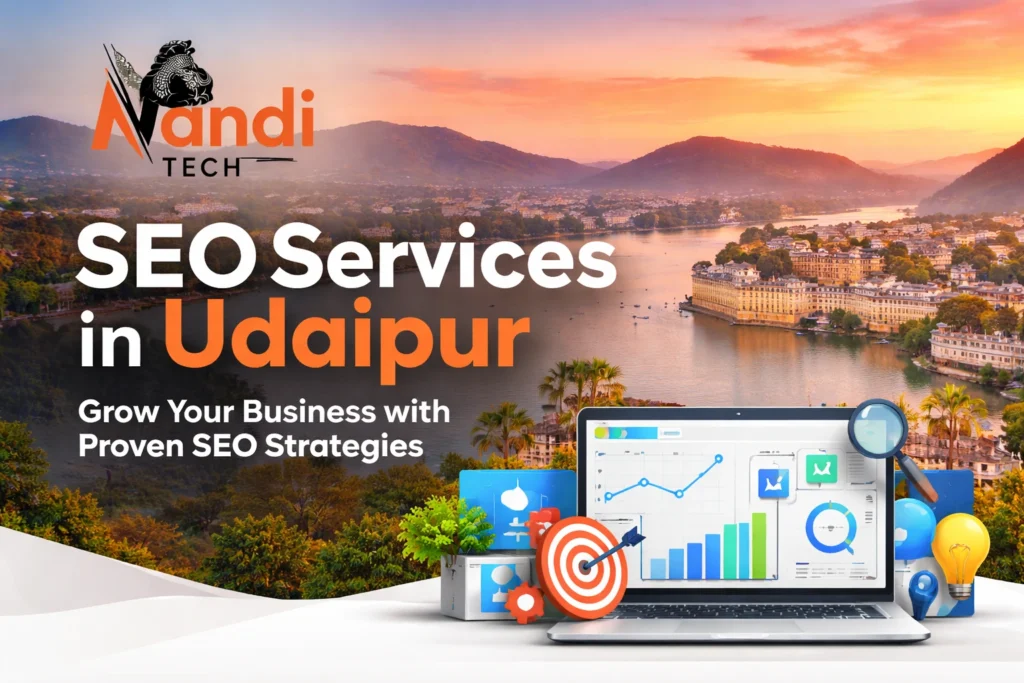 SEO services in Udaipur by Nandi Techno showing Lake Pichola skyline and digital marketing dashboard