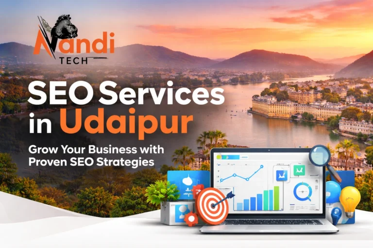 SEO services in Udaipur by Nandi Techno showing Lake Pichola skyline and digital marketing dashboard